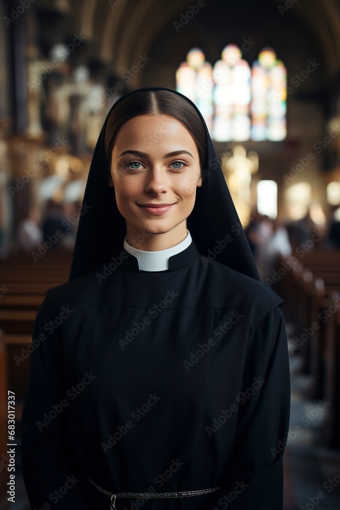 young catholic nun standing in the church posing in front of a camera young catholic nun standing in the church posing in front of a camera