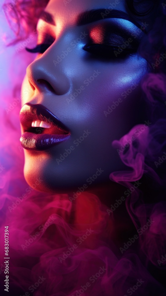 beautiful woman's face with dramatic makeup, dancing in a haze of fog and neon light beautiful woman's face with dramatic makeup, dancing in a haze of fog and neon light