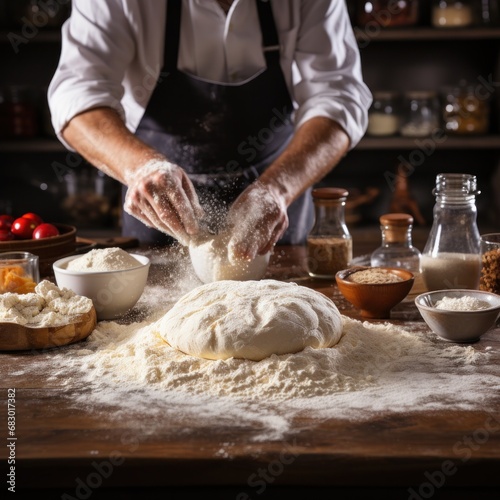 A candid shot of a baker dusting flour onto a work surface
