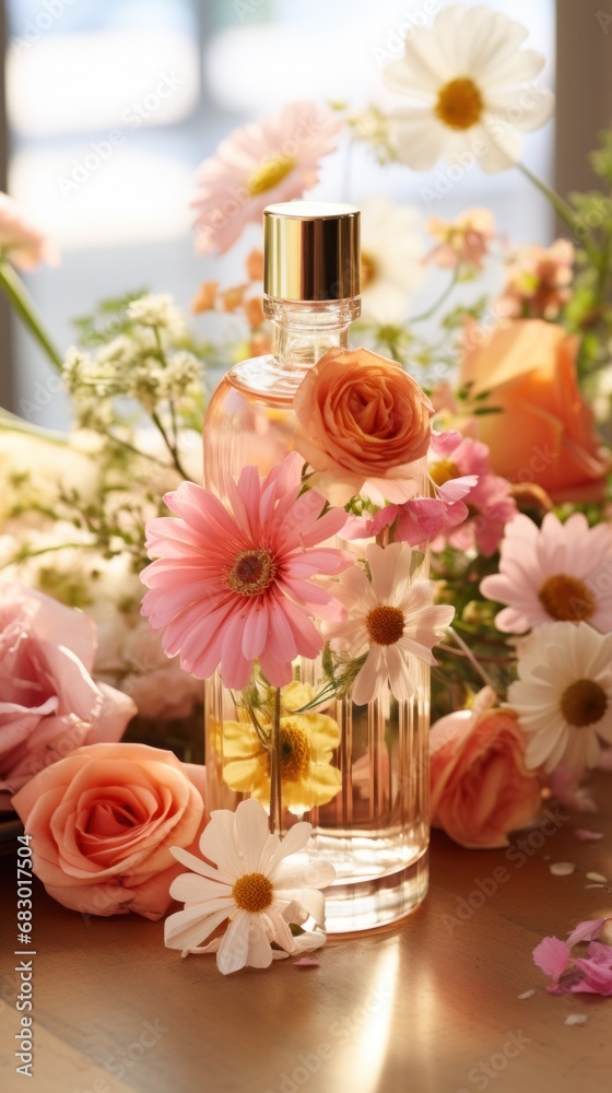 A bottle of body oil surrounded by flowers