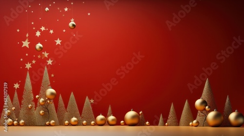 A cheerful and whimsical Christmas scene with colorful golden balls and a bright red background