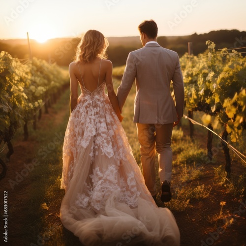 A bride and groom holding hands while walking through a vineyard at sunset