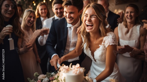 A bride and groom cutting their wedding cake surrounded by their joyful guests photo