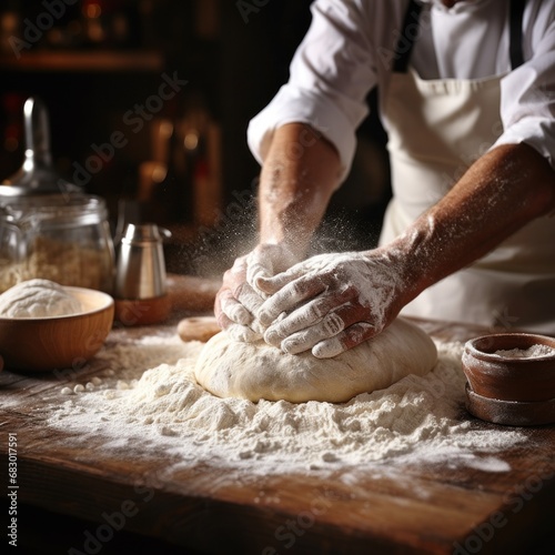 A candid shot of a baker dusting flour onto a work surface