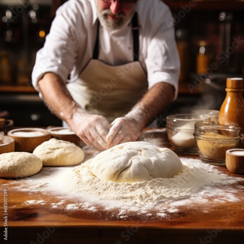 A candid shot of a baker dusting flour onto a work surface
