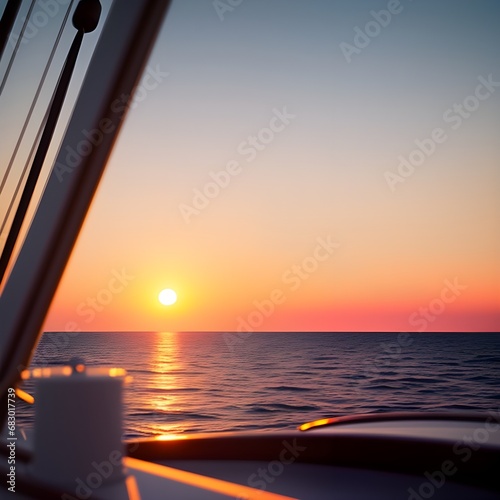 Yacht sailing against sunset. Holiday lifestyle landscape with skyline sailboat and sunset silhouette. Yachting tourism. The image was created using generative AI. © Nataliia