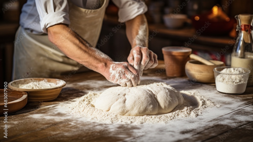 A candid shot of a baker dusting flour onto a work surface