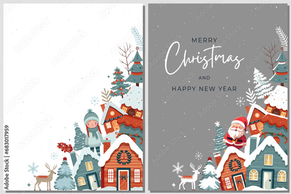 Set winter cards, frame with scandi houses, trees. Concept christmas and New Year. Winter ornament poster - obrazy, fototapety, plakaty 