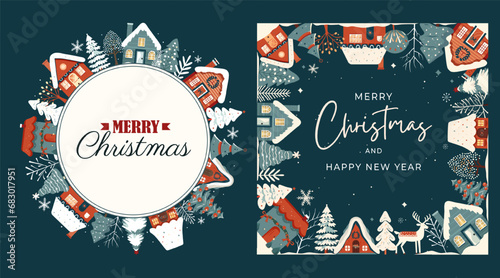 Set winter cards, frame with scandi houses, trees. Concept christmas and New Year. Winter ornament poster
