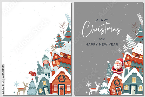 Set winter cards, frame with scandi houses, trees. Concept christmas and New Year. Winter ornament poster photo