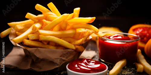 french fries with ketchup and mustard  Vertical shot of delicious tasty fried fries with sauce 3d illustrated  delicious french fried potato mix with chilly powder on wooden table generative ai 