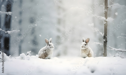 Two cute gray rabbits in the snow in the winter forest on the snow. Little hares with winter fur on a snowy meadow. Photo of winter wildlife animals and nature. Banner for card  poster  print.