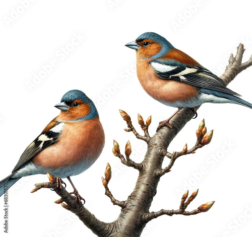 A male and female Eurasian chaffinch perched on a tree limb on a transparent background