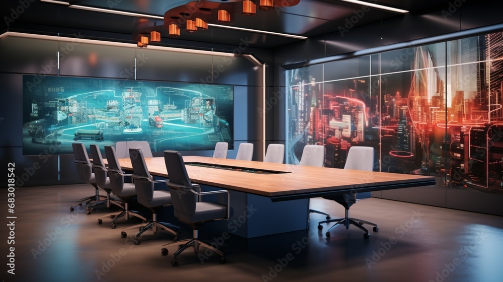 Display a state-of-the-art conference room where advanced technology effortlessly fuses with timeless design features.