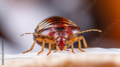 High-grade snapshot of Cimex hemipterus (bed bug) resting on bed.
