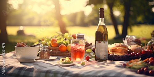 Summer day. In a lush garden, a table is set for dinner. On the table are meat, cheese, berries, fruit, and wine. A picnic for the family. Generative AI.