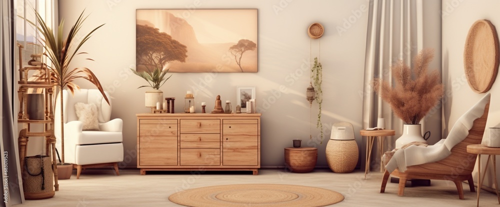 Imagine a room adorned with a wooden commode, stool, dried flowers in a vase, unique decorations, carpet, and a mock-up poster frame, creating a cohesive and aesthetically pleasing living area.