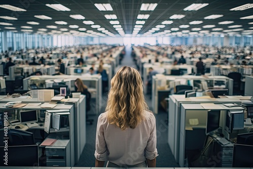 Contemplating the Corporate Labyrinth: A Woman Amidst a Sea of Cubicles