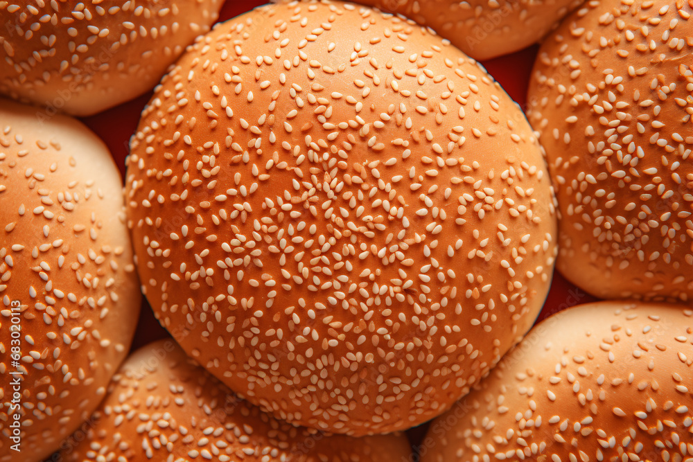 Surround a hamburger bun with a sesame seed coating. Surround a hamburger bun with a sesame seed coating.