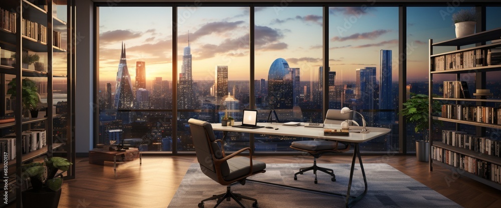 Project the sophistication of a corner office featuring tall windows and a breathtaking city view. - obrazy, fototapety, plakaty 