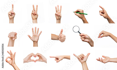 Collection of hands showing gestures such as ok, peace, heart shape, thumb up, point to object, shaka, holding magnifying glass, writing isolated on a white background. Creative collage. Modern design photo