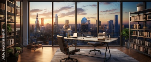 Project the sophistication of a corner office featuring tall windows and a breathtaking city view. photo