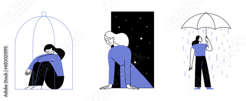 Vector illustration in line simple style with female character - loneliness and depression concept. Running and escaping, psychological problems, mascot for spot illustrations, psychology 