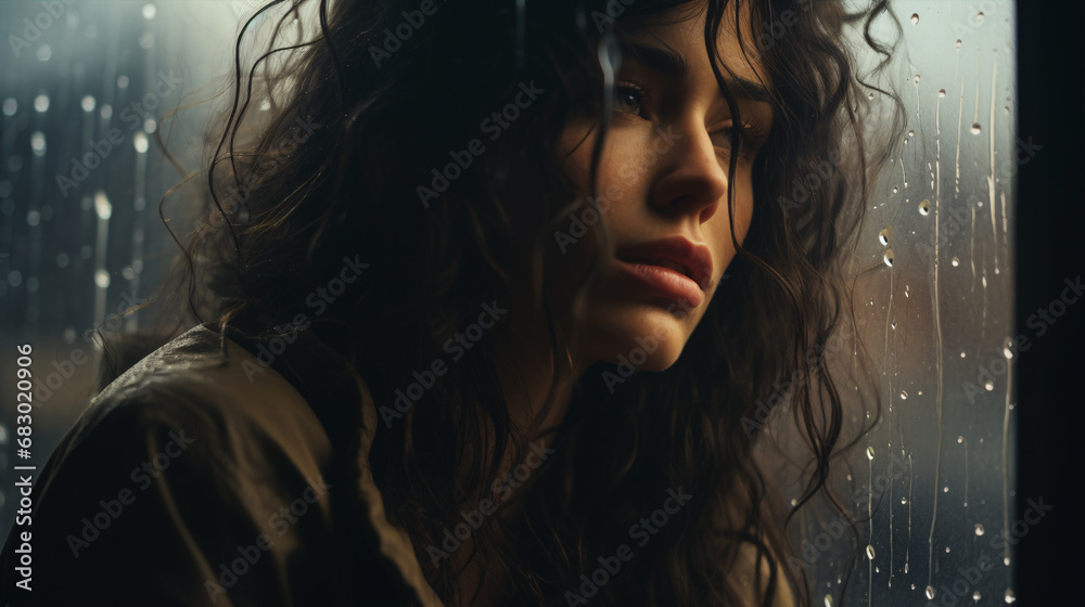 A despondent lady pondering life's mysteries while contemplating the beauty of sadness from a near-view of a wet window.