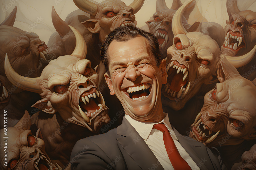 A bunch of greedy, evil politicians with devil-like eyes and horns, laughing, - obrazy, fototapety, plakaty 