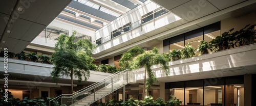 Capture the elegance of a modern office atrium with lofty ceilings and botanical touches.