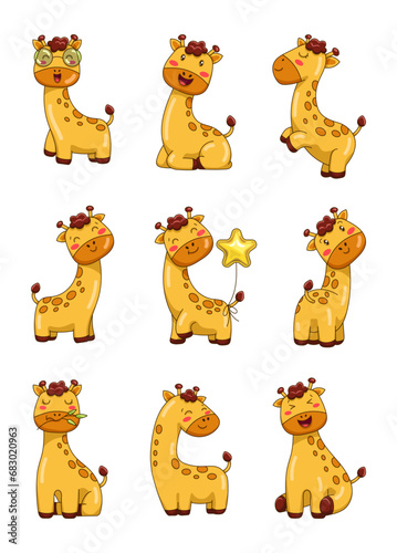 Cute kawaii giraffe. Adorable safari animal cartoon character mascot. Hand drawn style. Vector drawing. Collection of design elements.