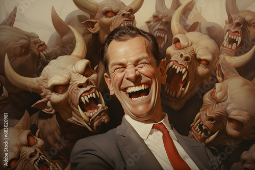 A bunch of greedy, evil politicians with devil-like eyes and horns, laughing,