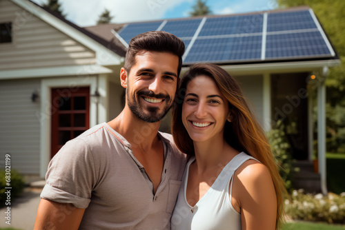 A joyful couple stands in the driveway of a spacious house adorned with solar panels, expressing happiness and eco-friendly living.