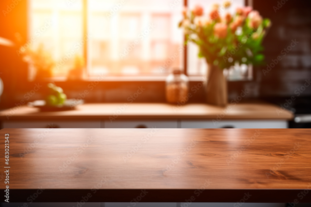 Brown wooden table with space for your text, set against a blurred background of a kitchen interior. Bright image. Brown wooden table with space for your text, set against a blurred background of a kitchen interior. Bright image.