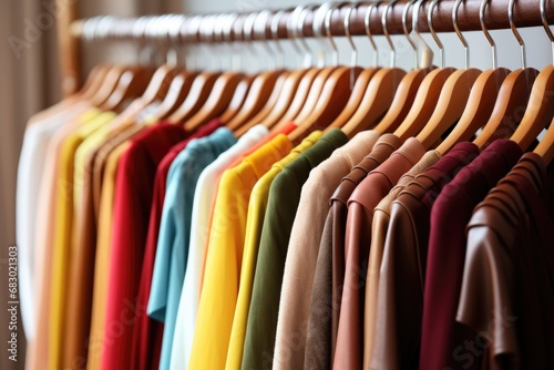 Wooden hangers with clothes on the rail in the store with women's clothing for sale. Shirt, dress, jacket, blouse. Flea market, second hand, discount, exchange, donation