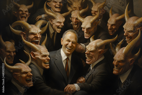 A bunch of greedy, evil politicians with devil-like eyes and horns laughing, photo
