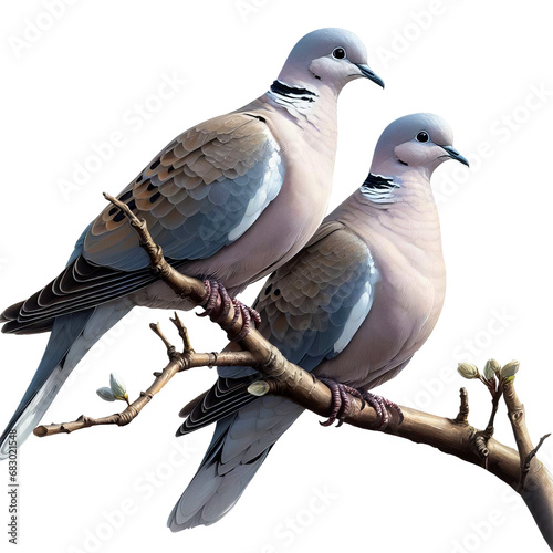 A male and female Eurasian collared dove perched on a tree branch isolated on a transparent background photo