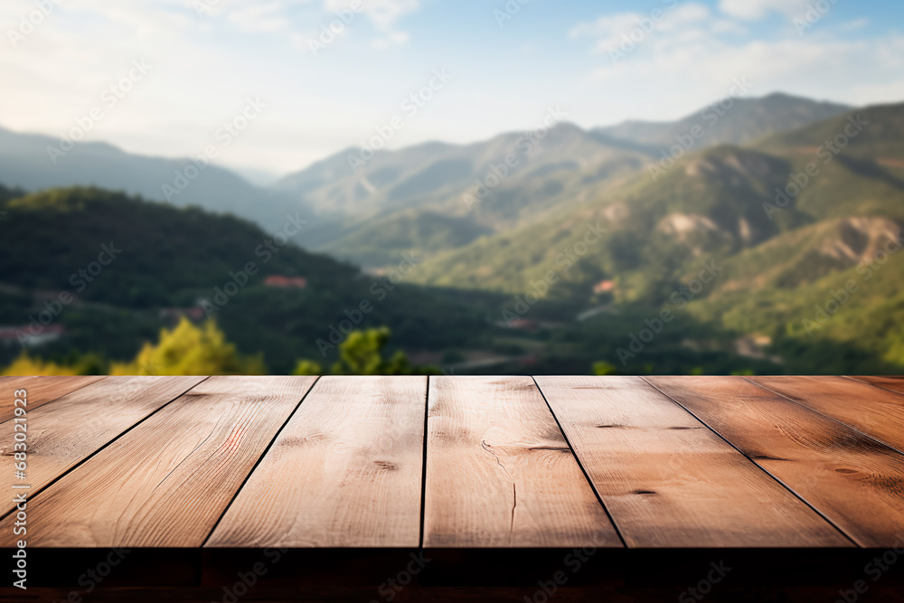 Empty wooden table with a blurred mountain hill background, suitable for montage or displaying your products.
