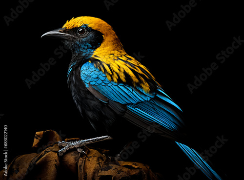 A cute Bird in blue and yellow feathers in dark background photo