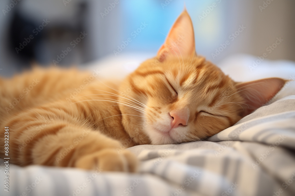 close up of a Ginger Cat sleeping on a white bed