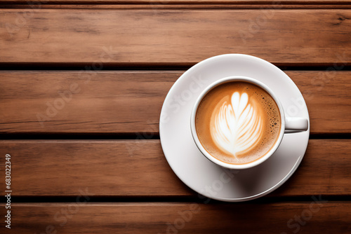 Top view of a cup of coffee on a wooden table. Space for text. Bright image. 