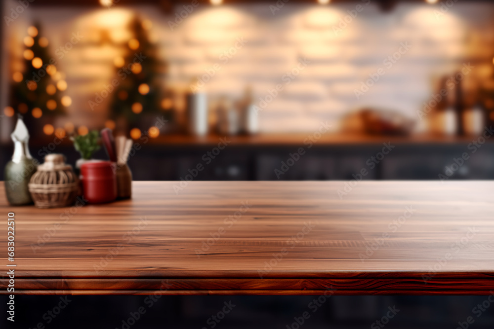Brown wooden table with space for your text, set against a blurred background of a kitchen interior. Bright image.