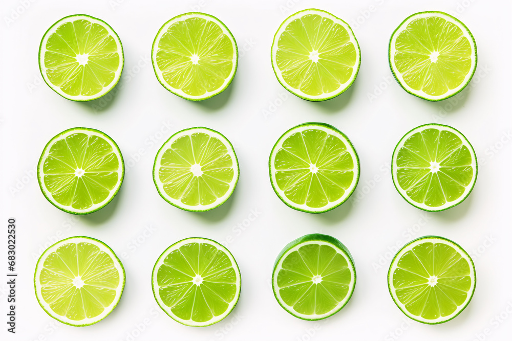 A grouping of green-hued lime wedges obstructed on a white background, captured overhead.