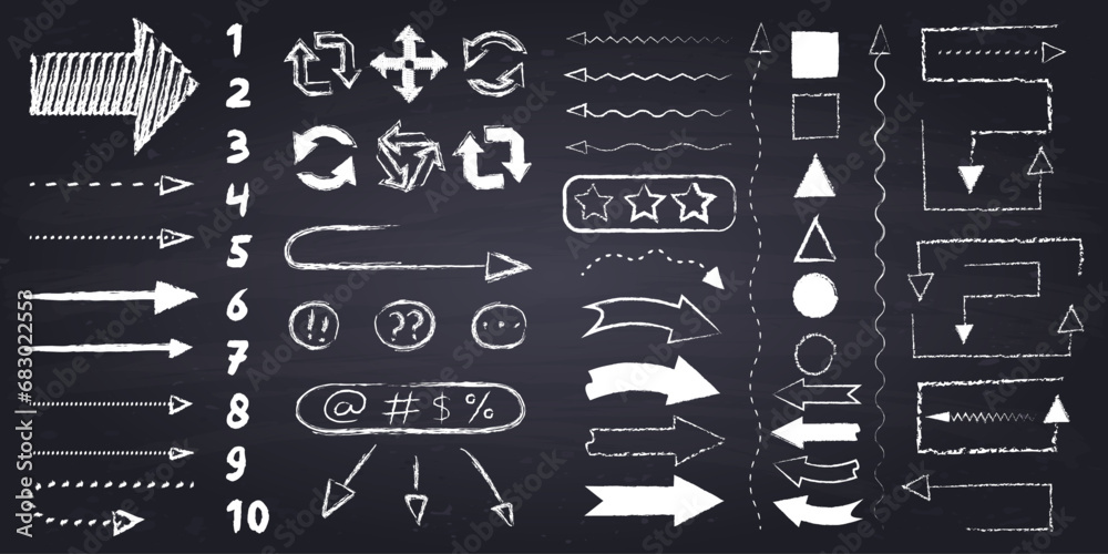 Set of different chalk arrows, numbers, geometric figures and other symbols. Hand drawn illustration. Chalkboard background.