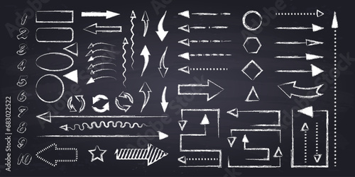 Set of different chalk arrows, numbers, geometric figures and other symbols. Hand drawn illustration. Chalkboard background.