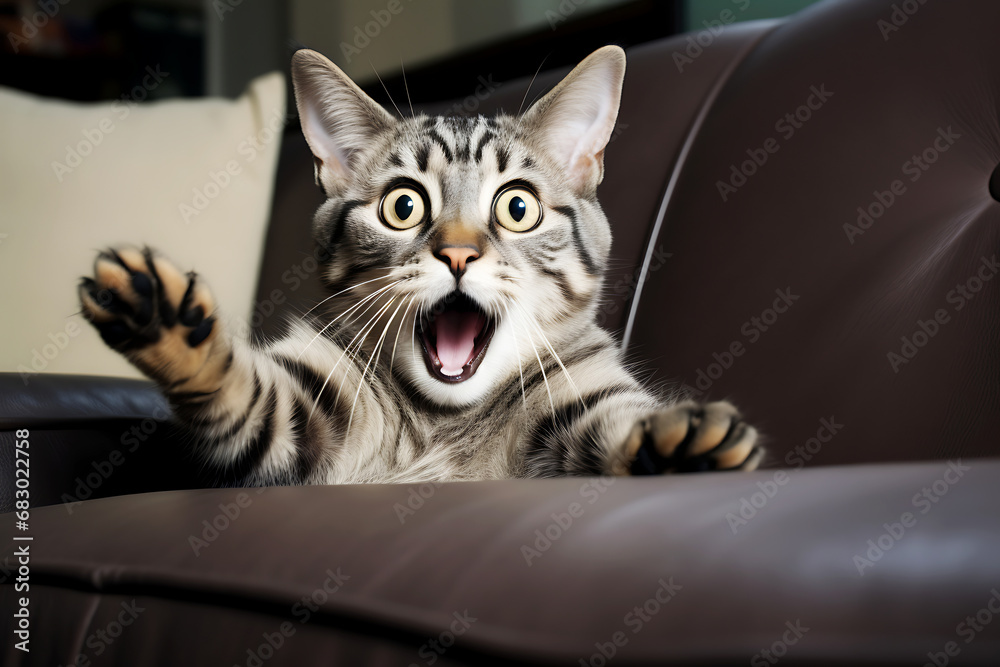 Surprised and shocked cat on a couch indoor Surprised and shocked cat on a couch indoor