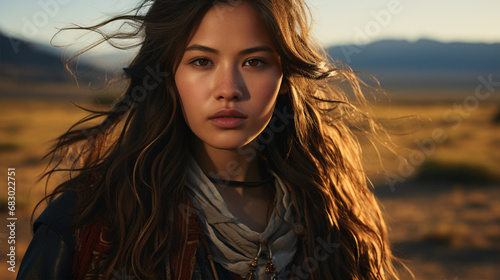 A young Mongolian woman, clothed in traditional attire, is portrayed in a portrait spanning half her body..A portrait of a youthful Mongolian, clad in traditional garb, covers half her form.