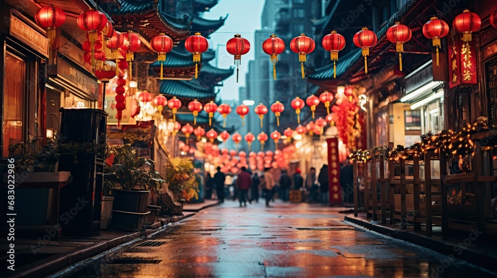 Naklejka premium illuminated street decorated with Chinese lanterns in the new year