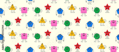 Colorful seamless background with cute geometric shapes in flat cartoon style. Fun triangle, square, pentagon and star characters with cute faces, arms and legs.