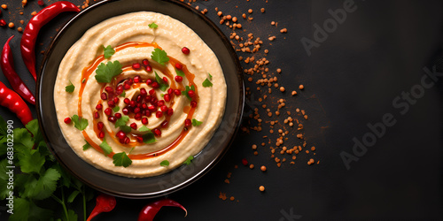 Spicy traditional hummus with pepper and greens on wooden background, Hummus ingredients and bowl, Traditional hummus salad with parsley served on a plate, generative AI


 photo